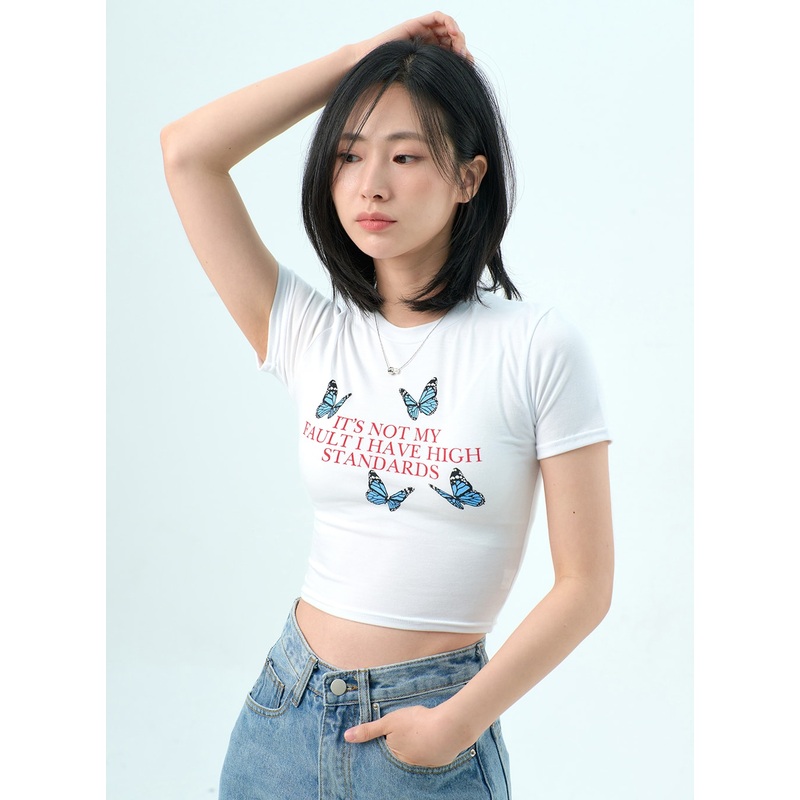 Butterfly Cropped Tee OY318|White|Black|S/M