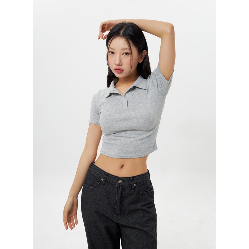 Cropped Polo Tee IY312|White|Dark green|Grey|Black|S/M
