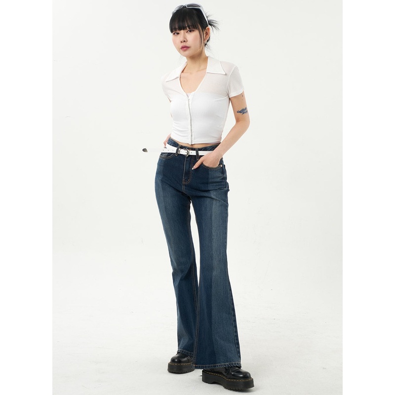 Dark Wash Bootcut Jeans CA328|Dark blue|Black|S|M|L