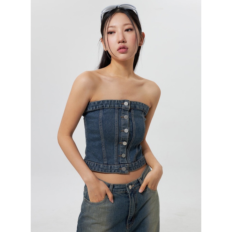 Denim Button Tube Top CY323|Light blue|Dark blue|S|M