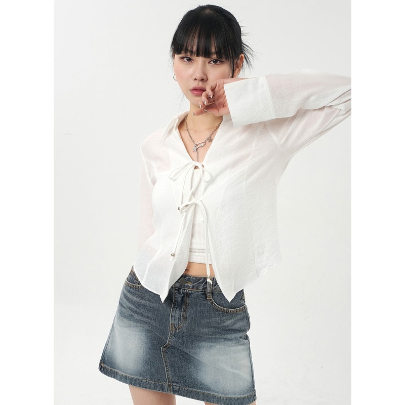Double Ribbon Blouse CA327|White|Black|S/M