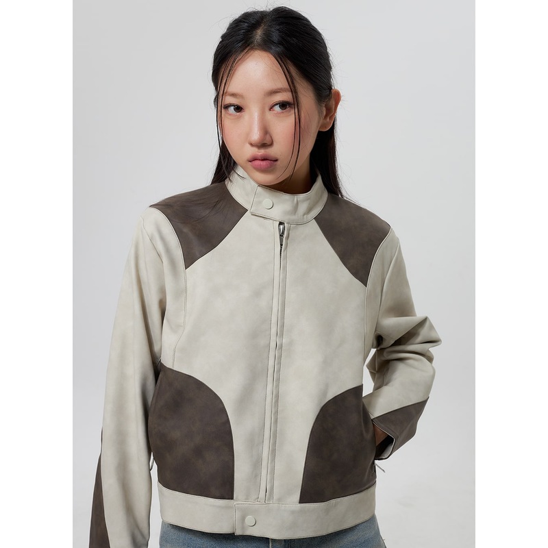 Faux Leather Jacket CY323|Beige|Black|S/M