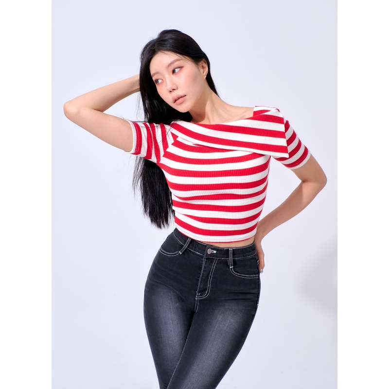 Half Sleeve Stripe Top IA324|Red|Blue|Black|S/M