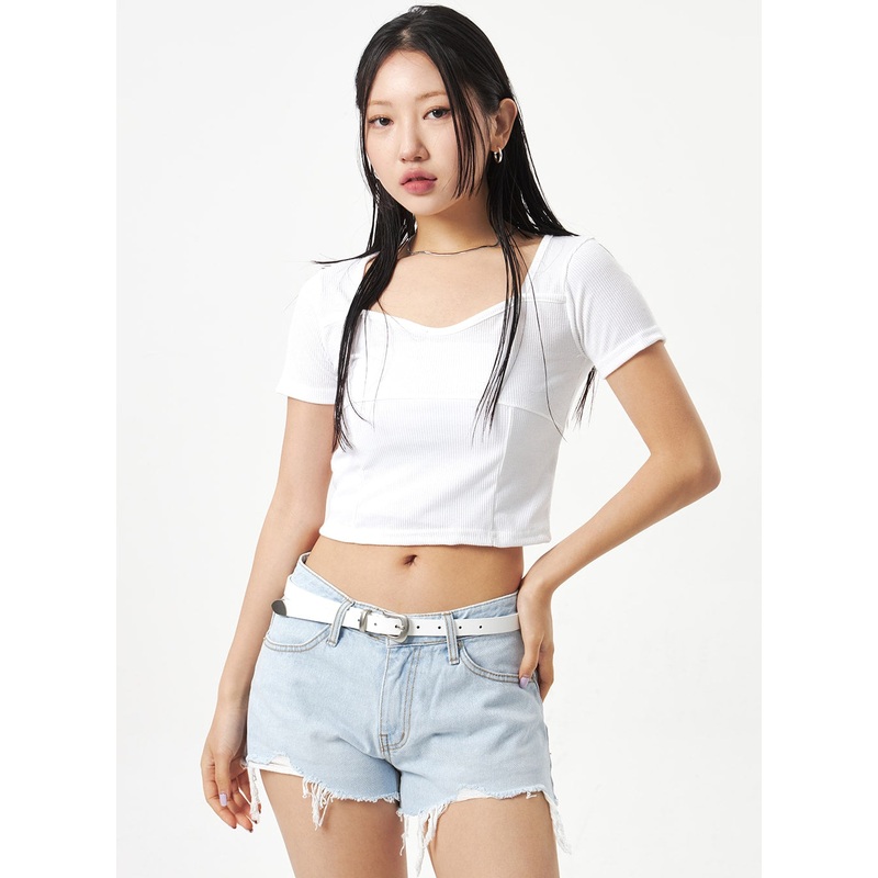Heart Neck Cropped Tee CA320|White|Light pink|Light green|Gray|Black|S