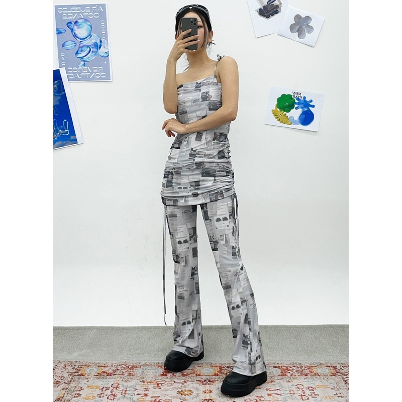 Newspaper Print Pants CY308|Light gray|S/M