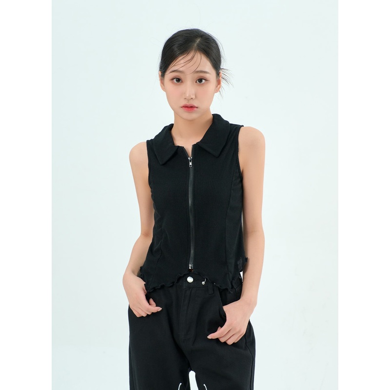 Sleeveless Zip-Up Top BY308|Light beige|Dark gray|Black|S/M