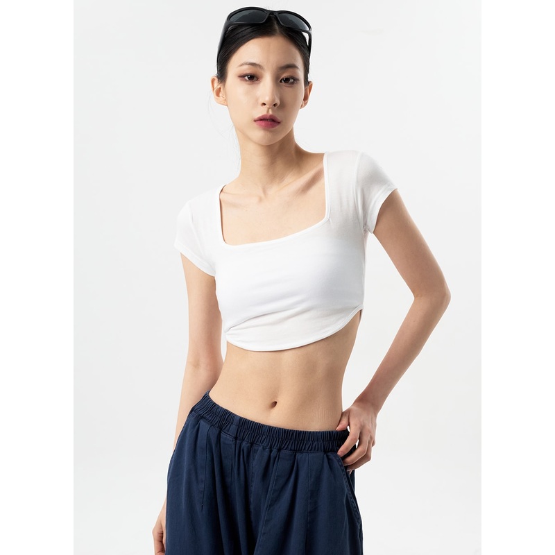 Square Neck Cropped Tee CY312|White|Pink|Blue|Black|S/M