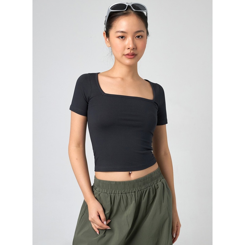 Square Neck Tee CY308|Light beige|Pink|Light blue|Dark gray|Black|S/M