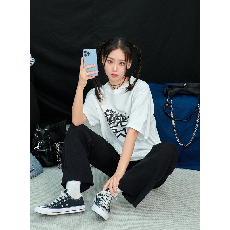 Star Oversized Tee BY316|White|Dark brown|Dark blue|Black|S/M