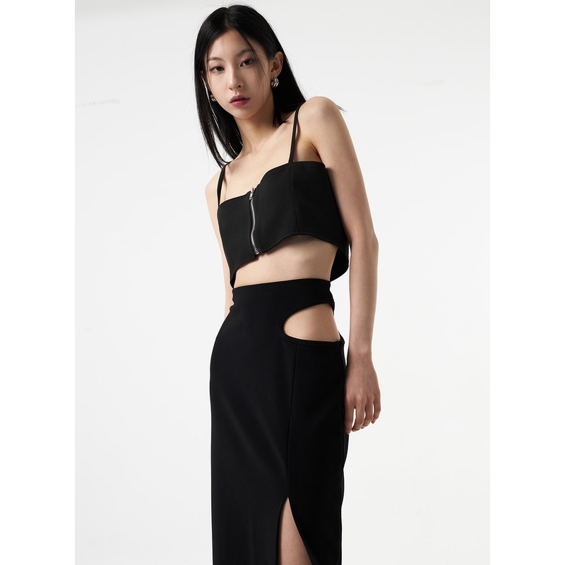 Zip-Up Cropped Top IA326|White|Black|S/M