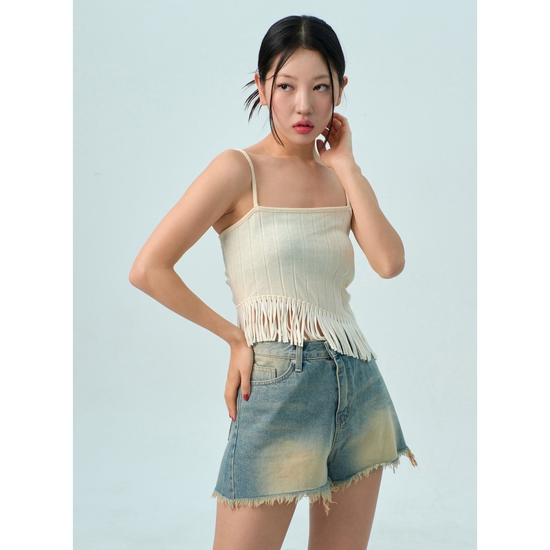 Back Tie Fringe Top BU308|Light beige|Black|S/M