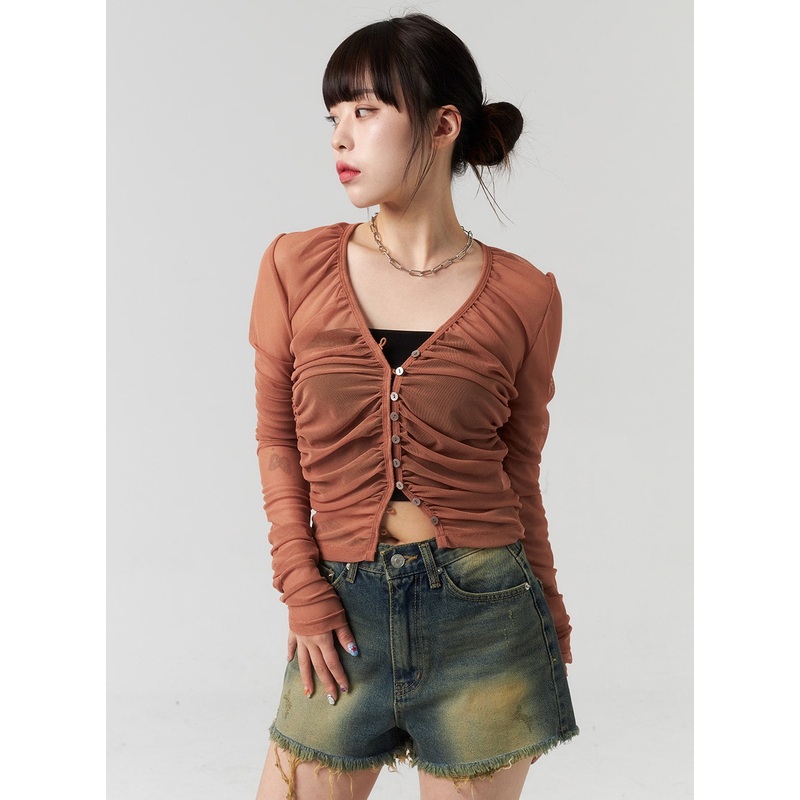 Button Mesh Cardigan CL314|Orange|Dark green|S/M