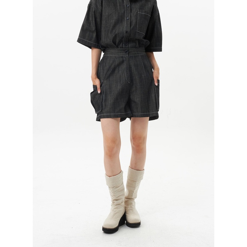 Cargo Denim Shorts OU326|Dark blue|Black|S/M