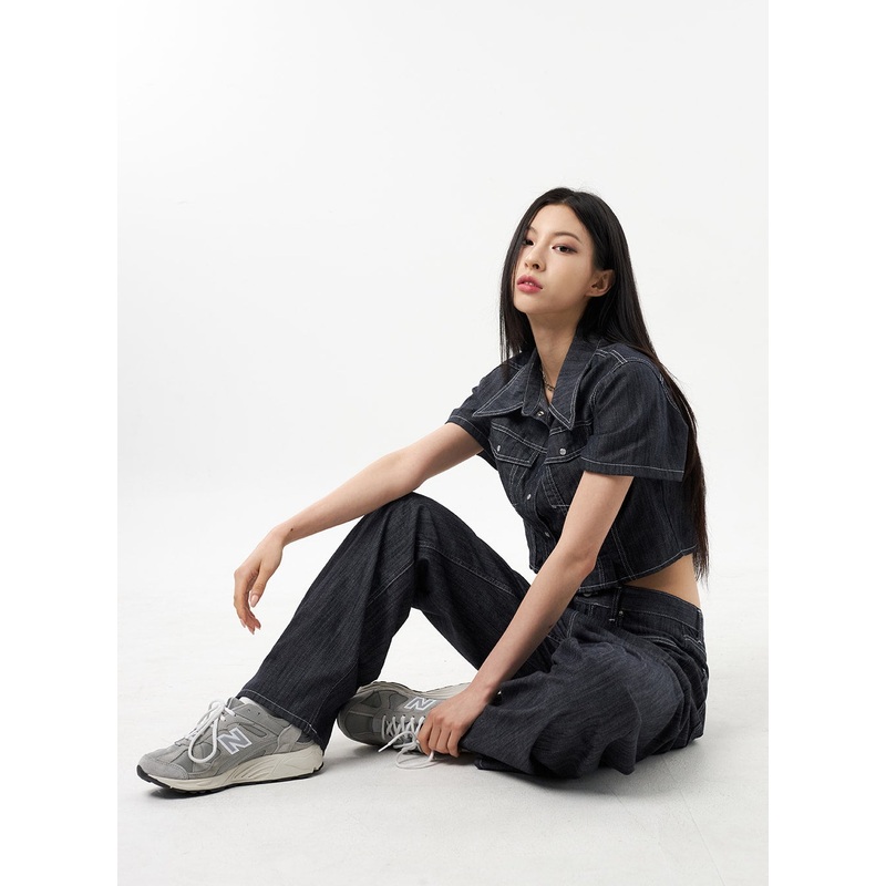 Cropped Denim Shirt CU312|White|Dark blue|S|M