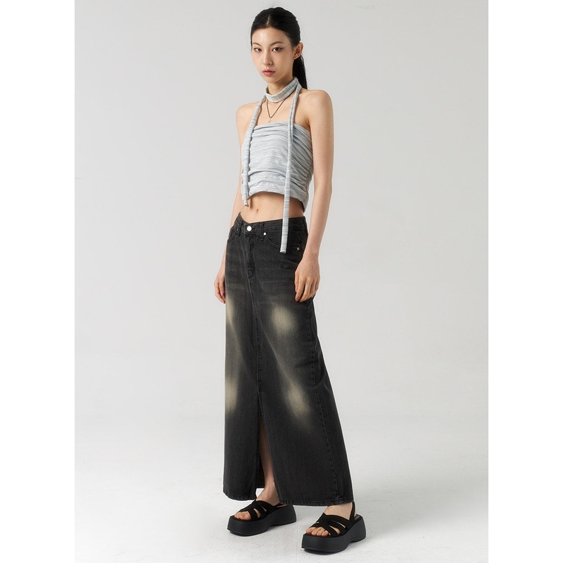 Dark Wash Denim Maxi Skirt CU321
