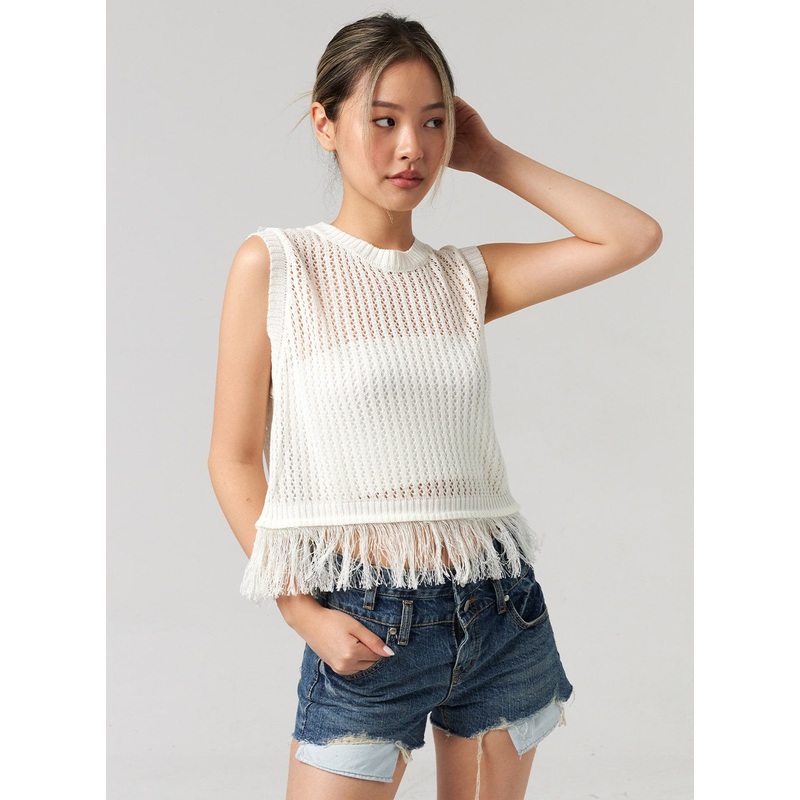 Mesh Fringe Vest CL305|Light beige|Black|S/M