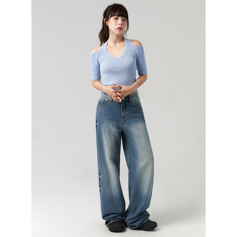 Mid-Wash Baggy Jeans CL312|Blue|S|M
