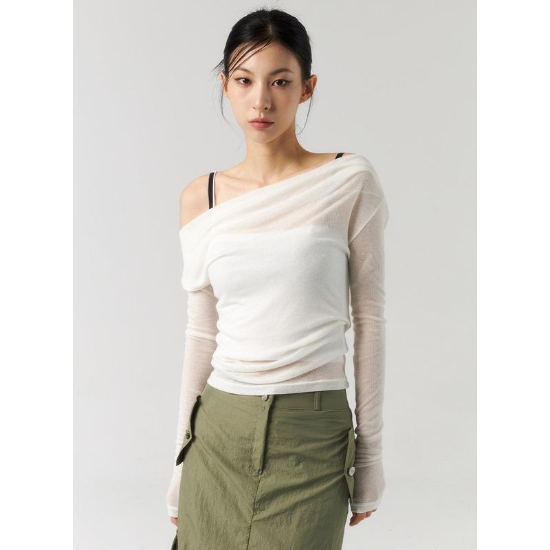 Off-Shoulder Mesh Top CU320|Light beige|Light pink|Black|S/M