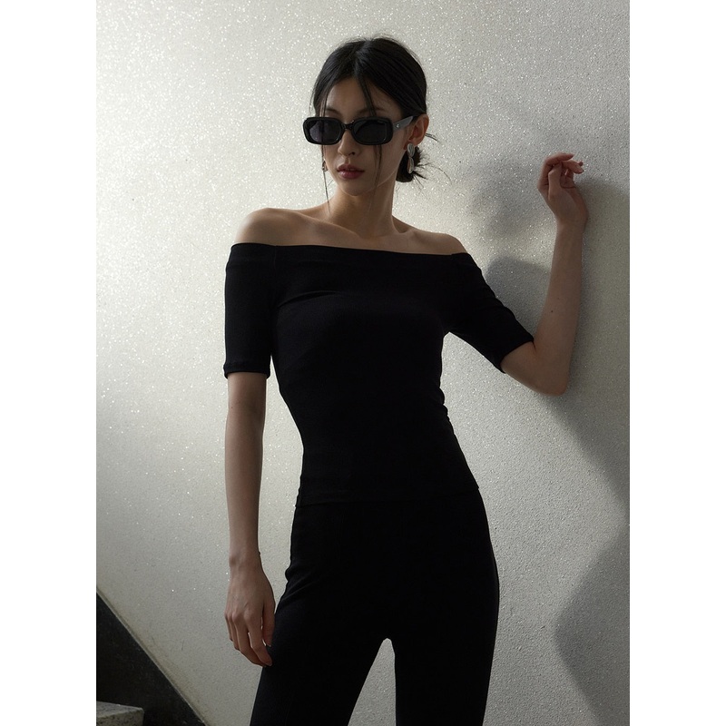 Off-Shoulder Ribbed Tee IY331|White|Beige|Light blue|Black|S/M