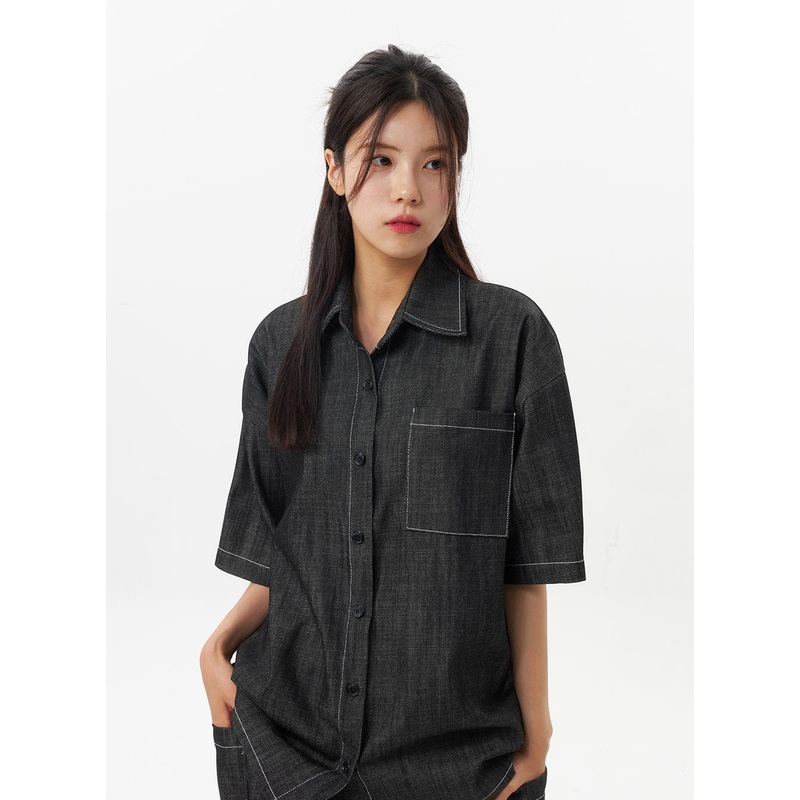 Oversized Denim Shirt OU326|Dark blue|Black|S/M