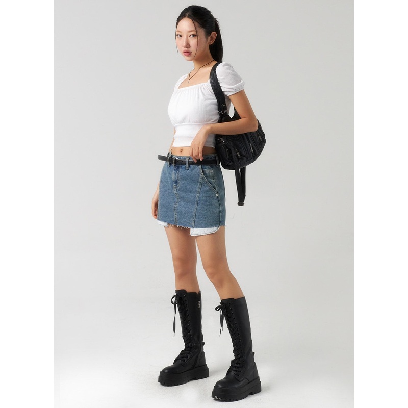 Ripped Hem Denim Mini Skirt CU326