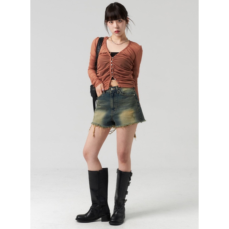 Ripped Hem Denim Shorts CL314|Dark blue|S|M|L
