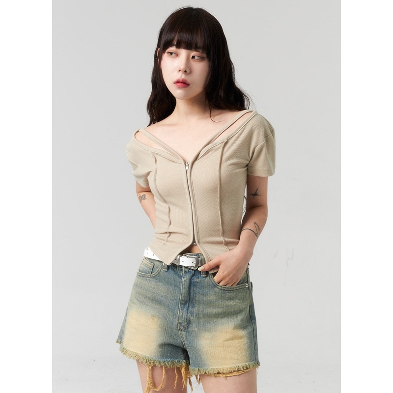 Short Sleeve Zip-Up CL314|White|Beige|Black|S/M
