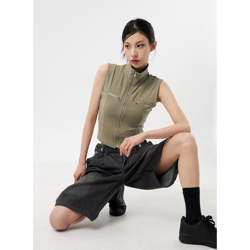 Sleeveless Zip-Up CU308|White|Dark green|Dark blue|Gray|Black|S/M