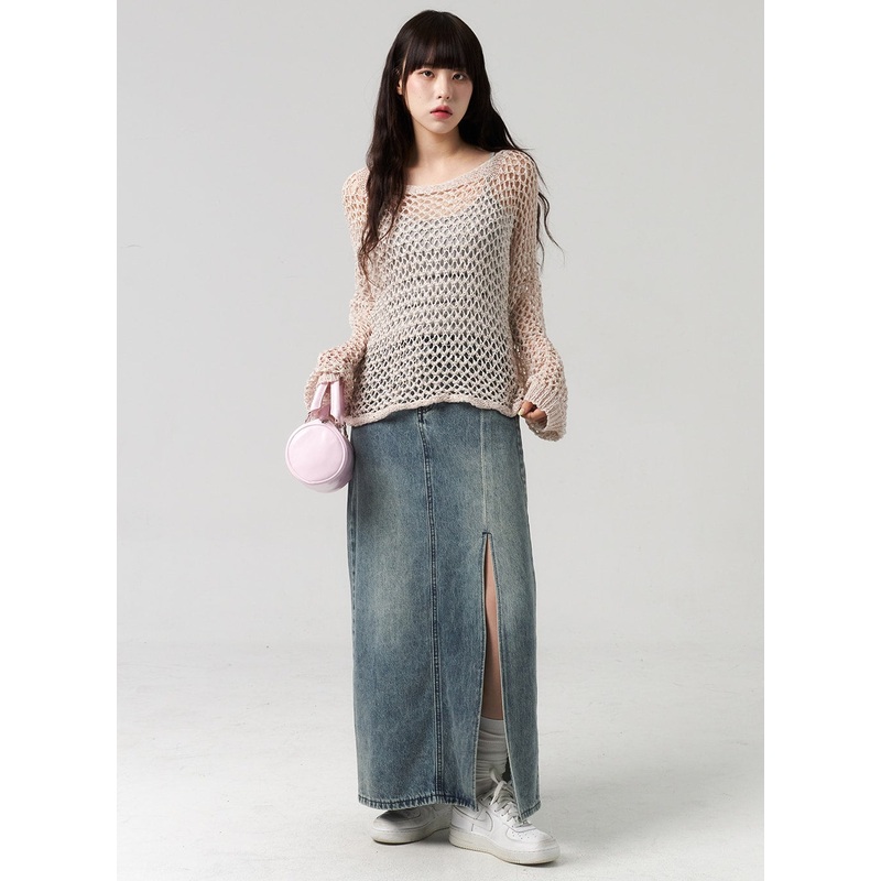 Slit Denim Maxi Skirt CL312|Blue|S|M