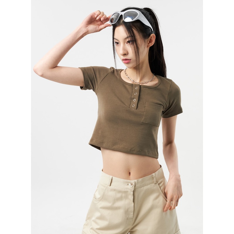 Snap Button Tee CU312|White|Dark green|Black|S/M