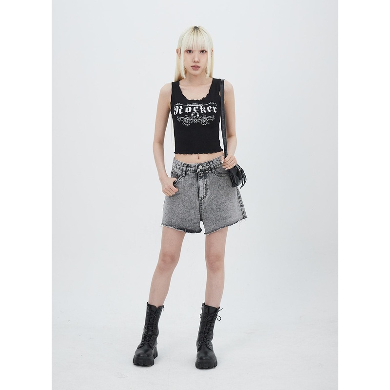 Wide Denim Shorts IU313|Ice blue|Black|S|M|L