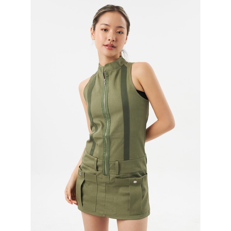 Zip-Up Mini Dress CU302|Beige|Dark green|Black|S/M