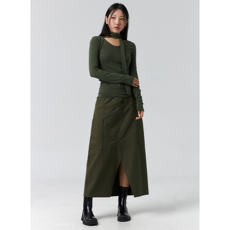 Cargo Slit Maxi Skirt CS305|Beige|Dark green|Black|S/M