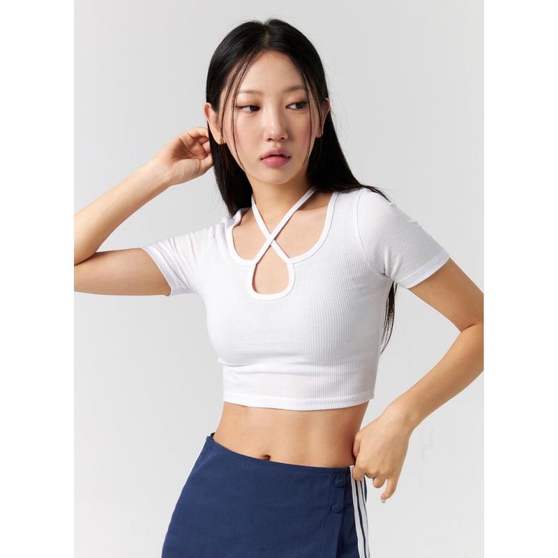 Cut Out Ribbed Tee CG302|White|Pink|Light blue|Black|S
