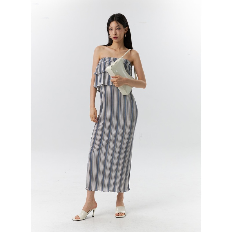 Frill Stripe Maxi Dress IL326|Mint|Light blue|Black|S/M