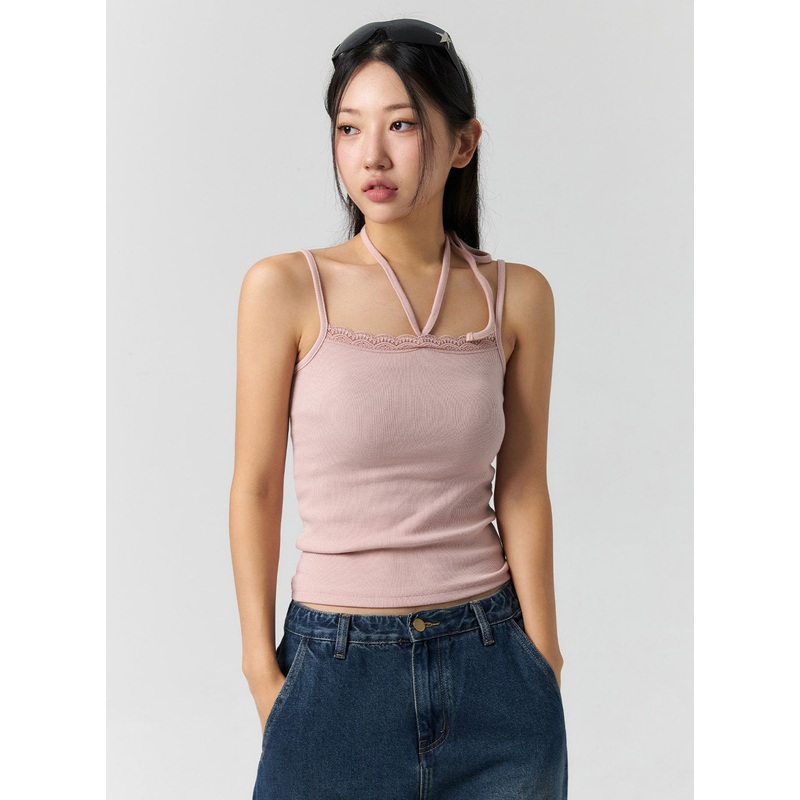 Halter Neck Lace Cami CS302|White|Light pink|Brown|Black|S/M
