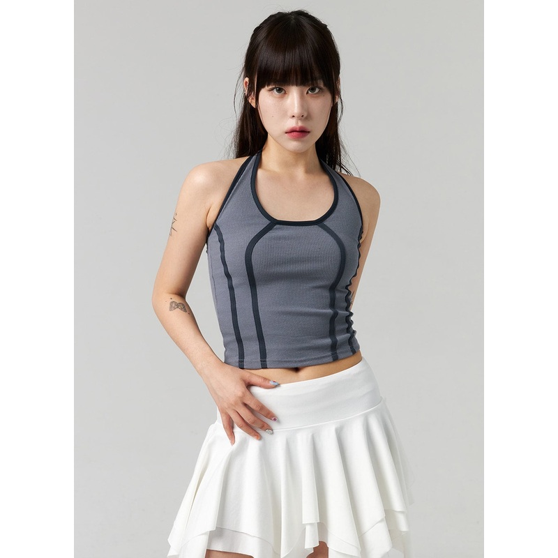 Halter Neck Stripe Top CL324|White|Light beige|Dark gray|Black|S/M