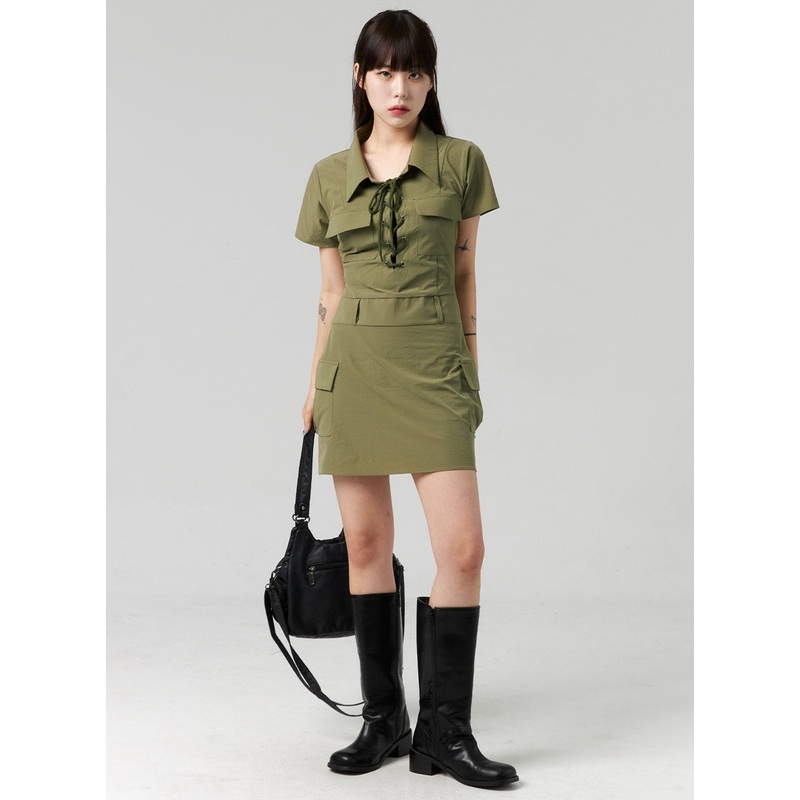 Lace-Up Mini Dress CL321|Dark green|Dark gray|Black|S/M