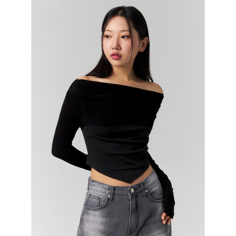 Off Shoulder Unbalanced Hem Crop Tee CG315
