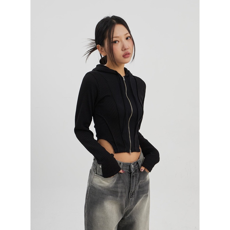 Ribbed Cropped Zip-Up Hoodie CJ330