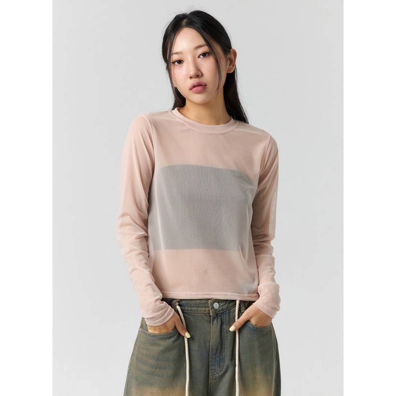 Sheer Long Sleeve Top CS302|White|Light pink|Dark gray|Black|S/M