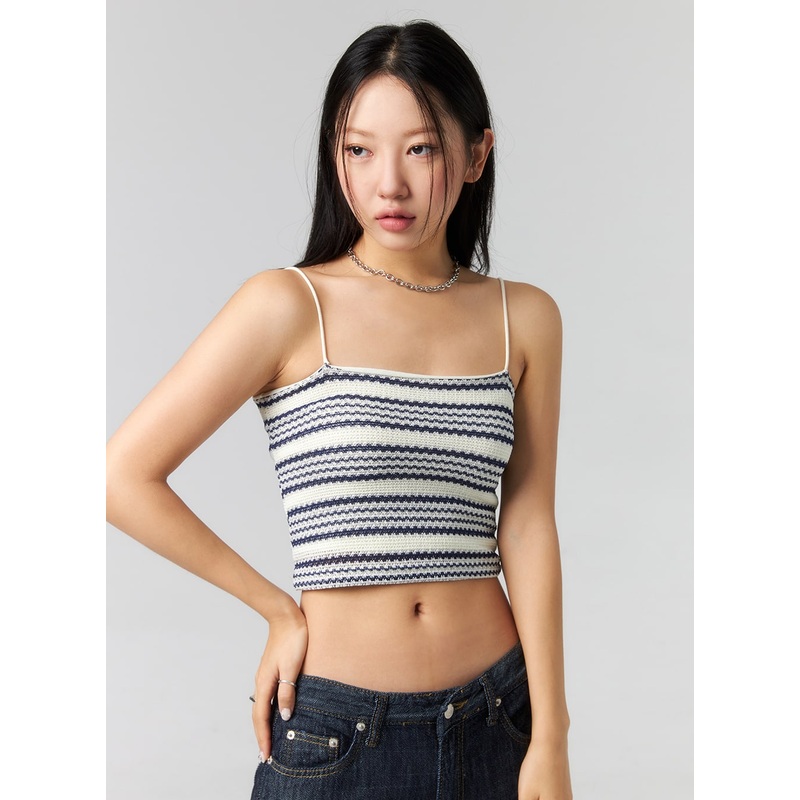 Stripe Cropped Knit Top CL320|Light beige|Black|S/M