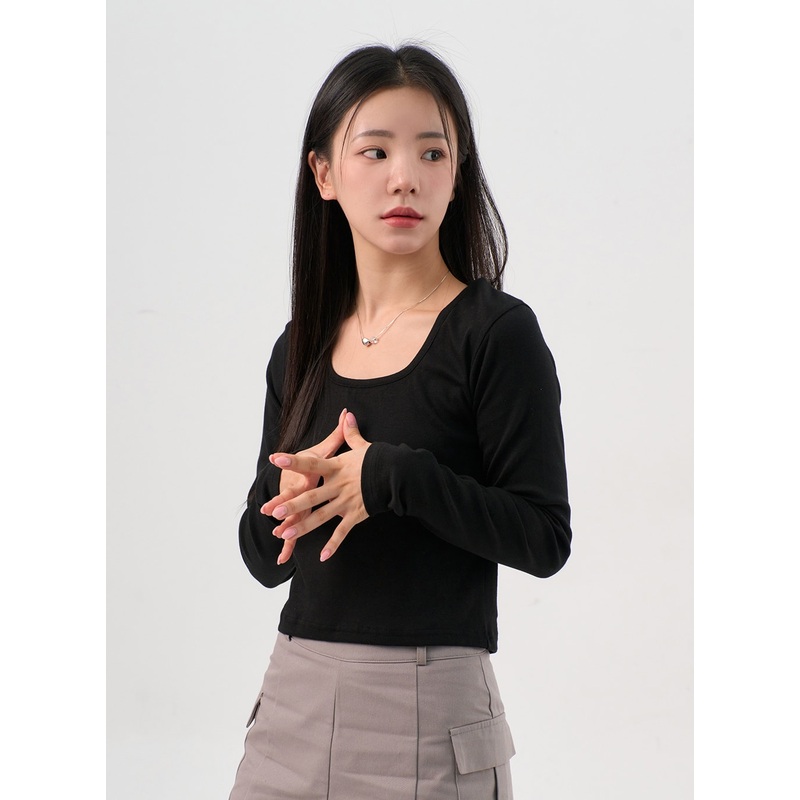 U-Neck Long Sleeve Top OS302|White|Light beige|Light yellow|Light pink|Red|Green|Brown|Gray|Black|S/M