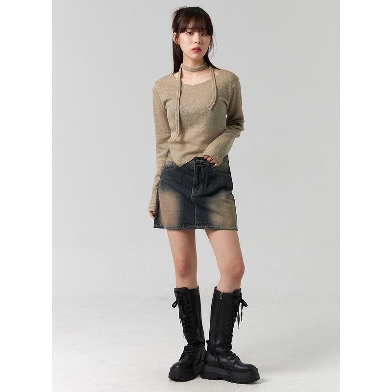 Washed Denim Mini Skirt CG330|Dark blue|Black|S|M|L