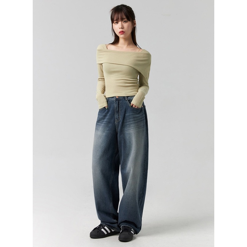 Wide-Leg Washed Jeans CG331|Blue|S|M|L