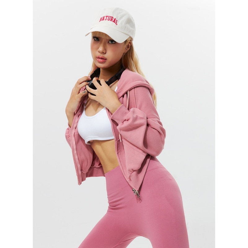 Zip-Up Cropped Hoodie IG320|Light beige|Pink|Green|Dark blue|Grey|Black|S/M