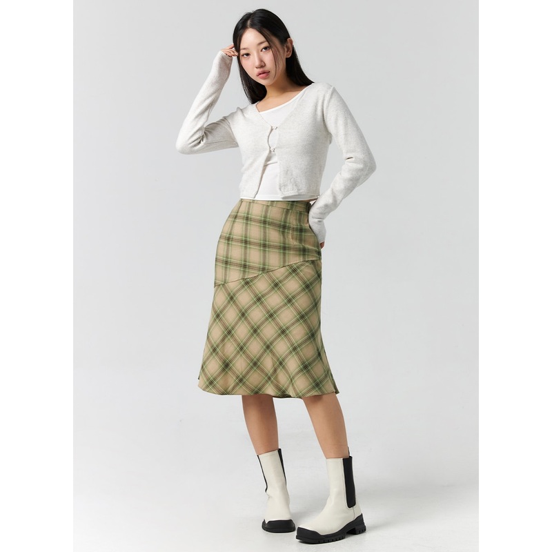 Checkered Midi Skirt CS308|Light green|Dark blue|S/M