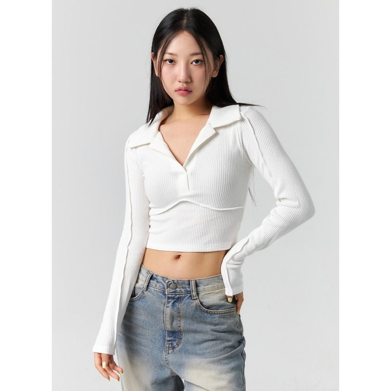 Collar Crop Top CS308|White|Dark green|Black|S/M