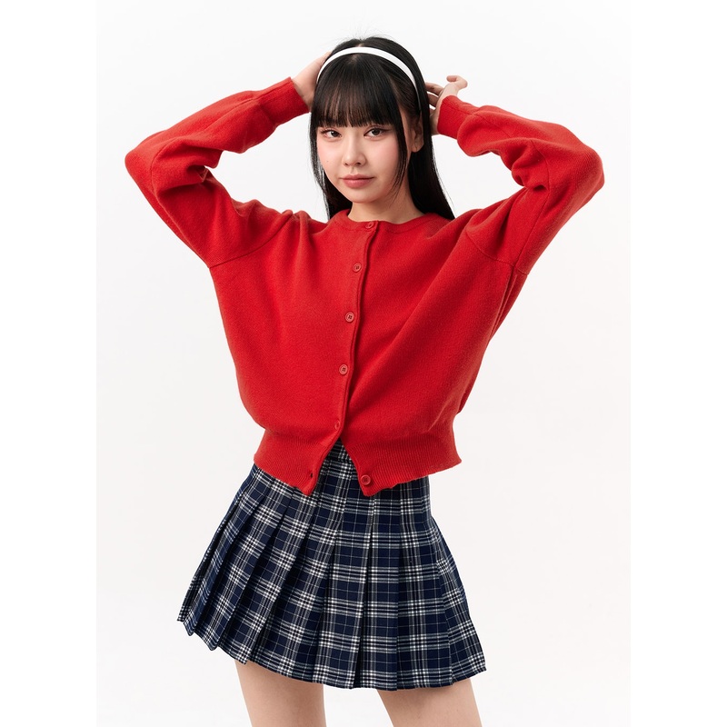 Crew Neck Cardigan IO317|Red|White|Light beige|Light pink|Dark brown|Light blue|Dark blue|Dark gray|Black|S/M