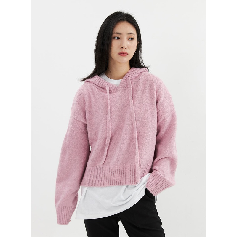 Hooded Knit Sweater OO305|Pink|Light beige|Brown|Gray|Dark gray|Blue|S/M